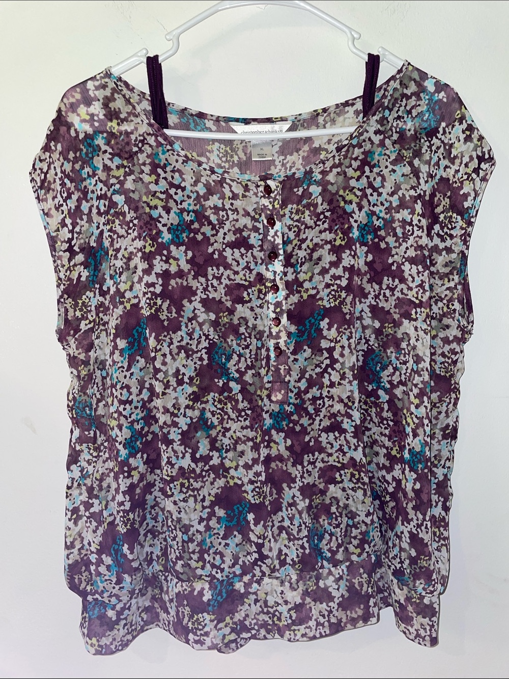 Christopher & Banks Purple Teal Floral Henley Blouse Size XL